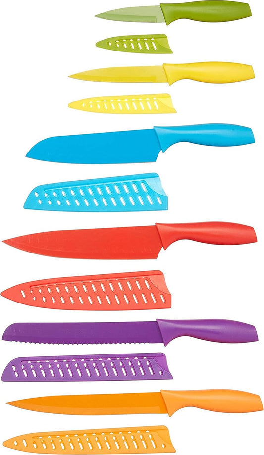 Color-Coded Dishwasher Safe Kitchen Knife Set, 12-Piece with Ergonomic Handles, Non-stick Sharp Blades, 6 Knives with 6 Blade Guards, Multicolor, 13.88 x 4.13 x 1.38 inch