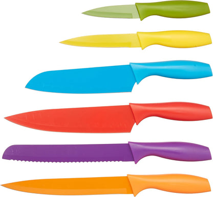Color-Coded Dishwasher Safe Kitchen Knife Set, 12-Piece with Ergonomic Handles, Non-stick Sharp Blades, 6 Knives with 6 Blade Guards, Multicolor, 13.88 x 4.13 x 1.38 inch