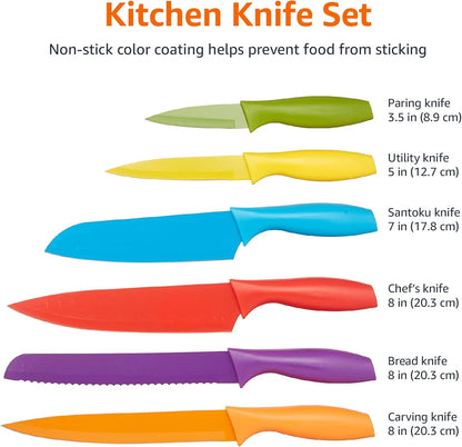 Color-Coded Dishwasher Safe Kitchen Knife Set, 12-Piece with Ergonomic Handles, Non-stick Sharp Blades, 6 Knives with 6 Blade Guards, Multicolor, 13.88 x 4.13 x 1.38 inch