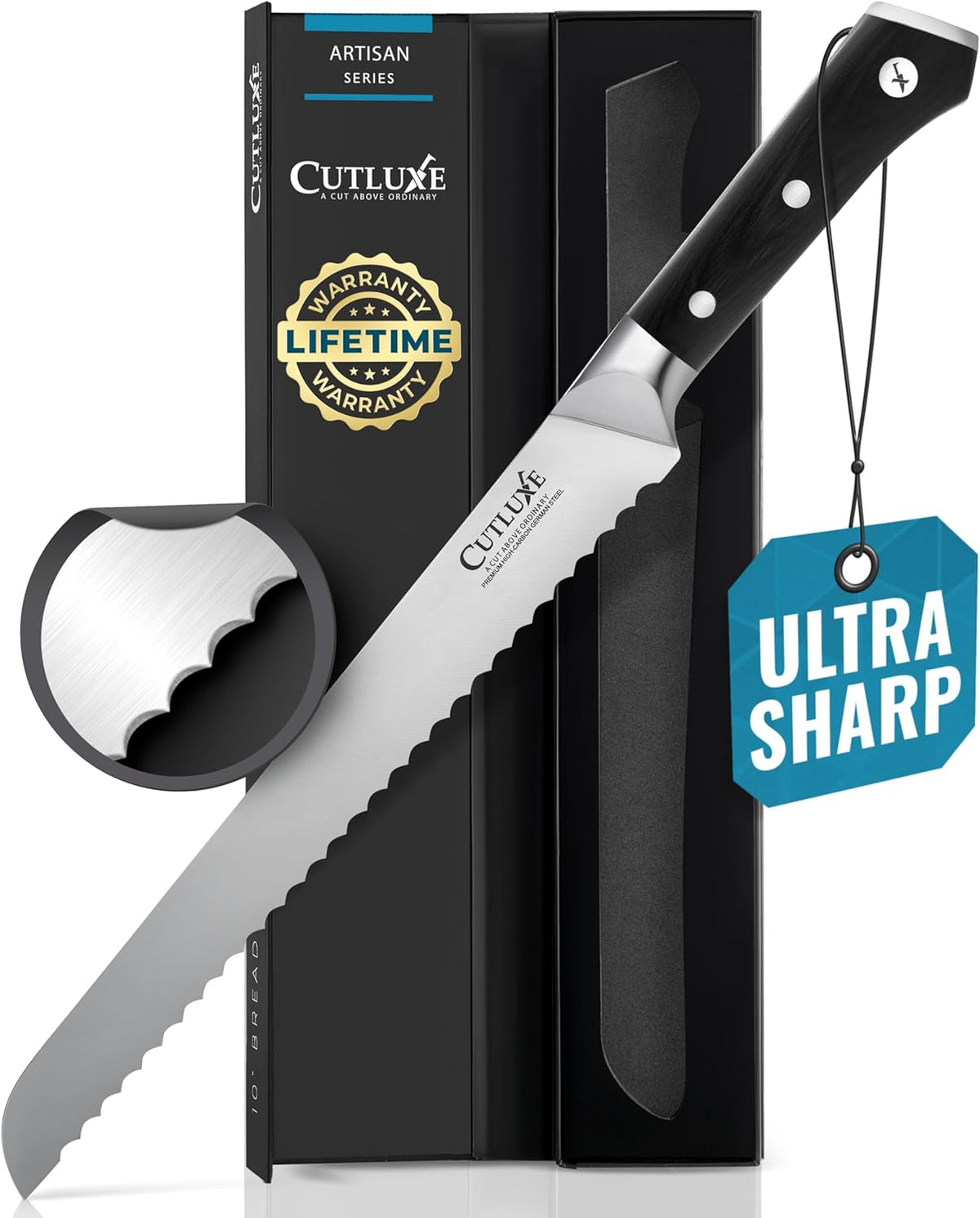 Bread Knife, 10" Serrated Knife for Sourdough & Homemade Bread | Forged High Carbon German Steel, Full Tang Razor Sharp – Ergonomic Handle, Artisan Series