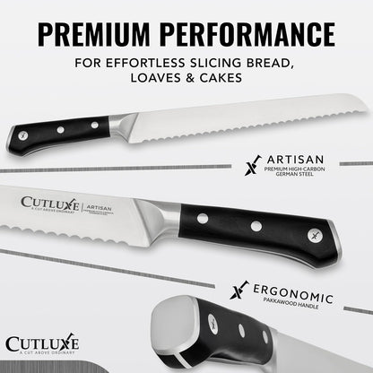 Bread Knife, 10" Serrated Knife for Sourdough & Homemade Bread | Forged High Carbon German Steel, Full Tang Razor Sharp – Ergonomic Handle, Artisan Series