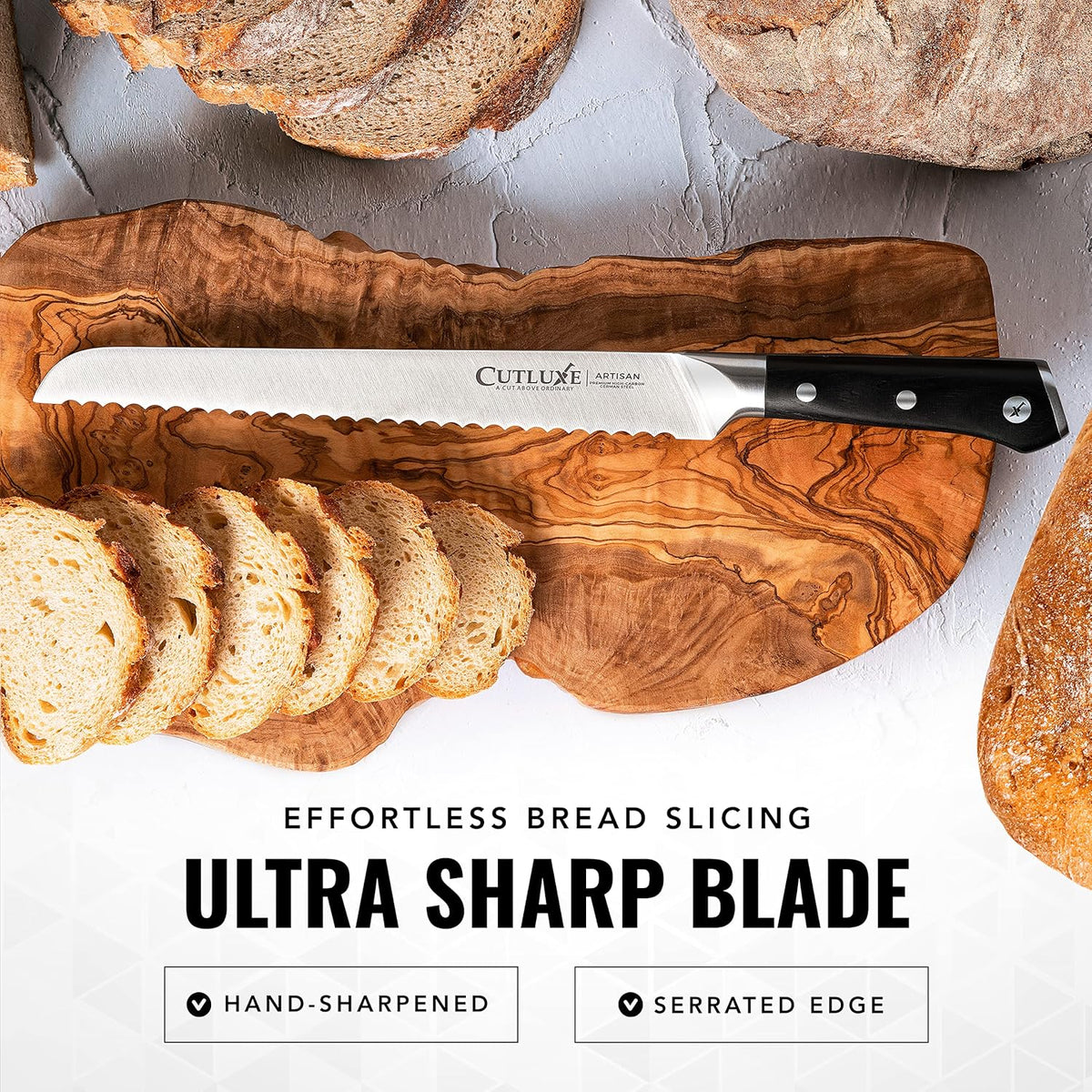 Bread Knife, 10" Serrated Knife for Sourdough & Homemade Bread | Forged High Carbon German Steel, Full Tang Razor Sharp – Ergonomic Handle, Artisan Series