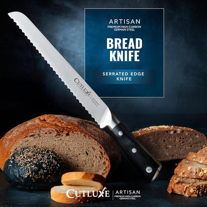 Bread Knife, 10" Serrated Knife for Sourdough & Homemade Bread | Forged High Carbon German Steel, Full Tang Razor Sharp – Ergonomic Handle, Artisan Series
