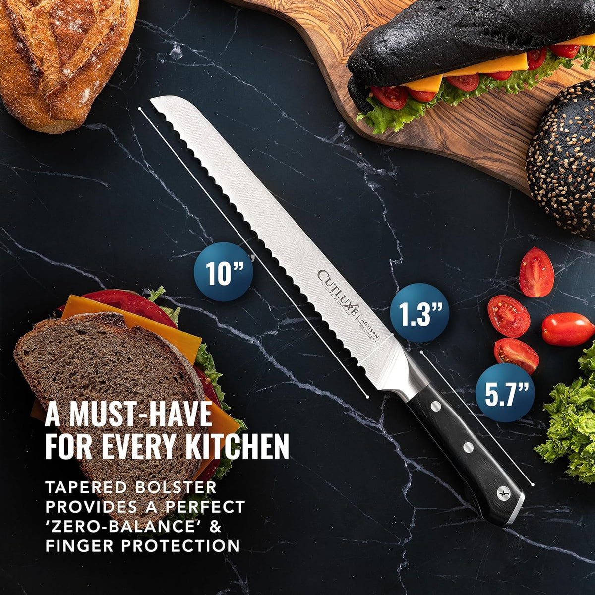 Bread Knife, 10" Serrated Knife for Sourdough & Homemade Bread | Forged High Carbon German Steel, Full Tang Razor Sharp – Ergonomic Handle, Artisan Series