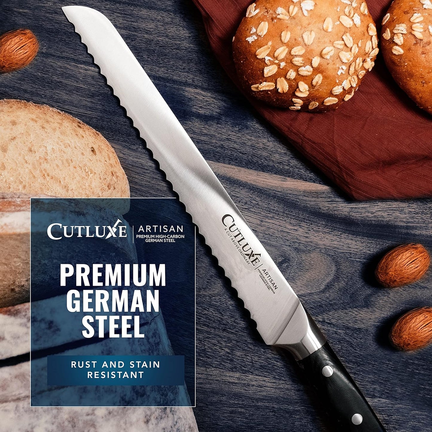 Bread Knife, 10" Serrated Knife for Sourdough & Homemade Bread | Forged High Carbon German Steel, Full Tang Razor Sharp – Ergonomic Handle, Artisan Series