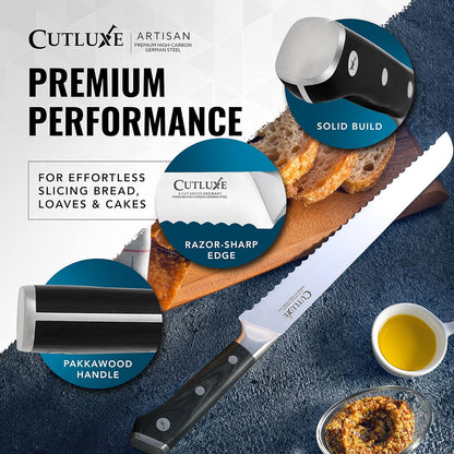 Bread Knife, 10" Serrated Knife for Sourdough & Homemade Bread | Forged High Carbon German Steel, Full Tang Razor Sharp – Ergonomic Handle, Artisan Series