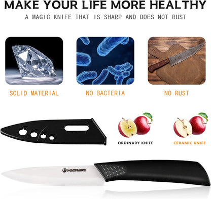 Magiware Paring Knife, Classic 4 inch Ceramic Paring Knife with Sheath Cover for Fruit and Vegetable,Longer Sharp Rust Proof Stain Resistant
