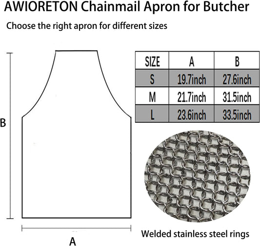 Chainmail Apron 316L SS Cut Resistant for Butcher Meat Processing (Medium) | 21.7x31.5in 316L food grade welded rings 5.3mm cross-back adjustable strap, for meat and fish processing, leather and textile
