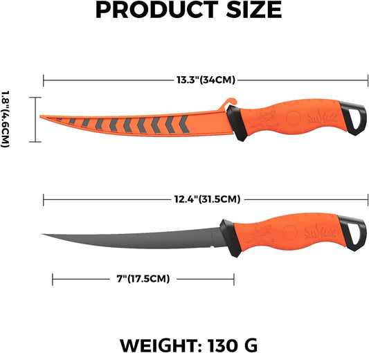 Fishing Fillet Knife 7 Inch, High Carbon Stainless-Steel Blade, Non-Slip Handles, Professional Fishing Knives for Outdoor and Home Use (Orange)