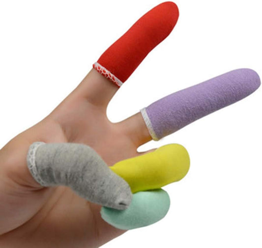 100 Pcs Finger Cots Cotton Material with Elasticity Finger Guards Hand Toe Thumb Fingertips Sleeves Protector , Comfortable, Breathable, Absorb Sweat, Reusable, Random Color