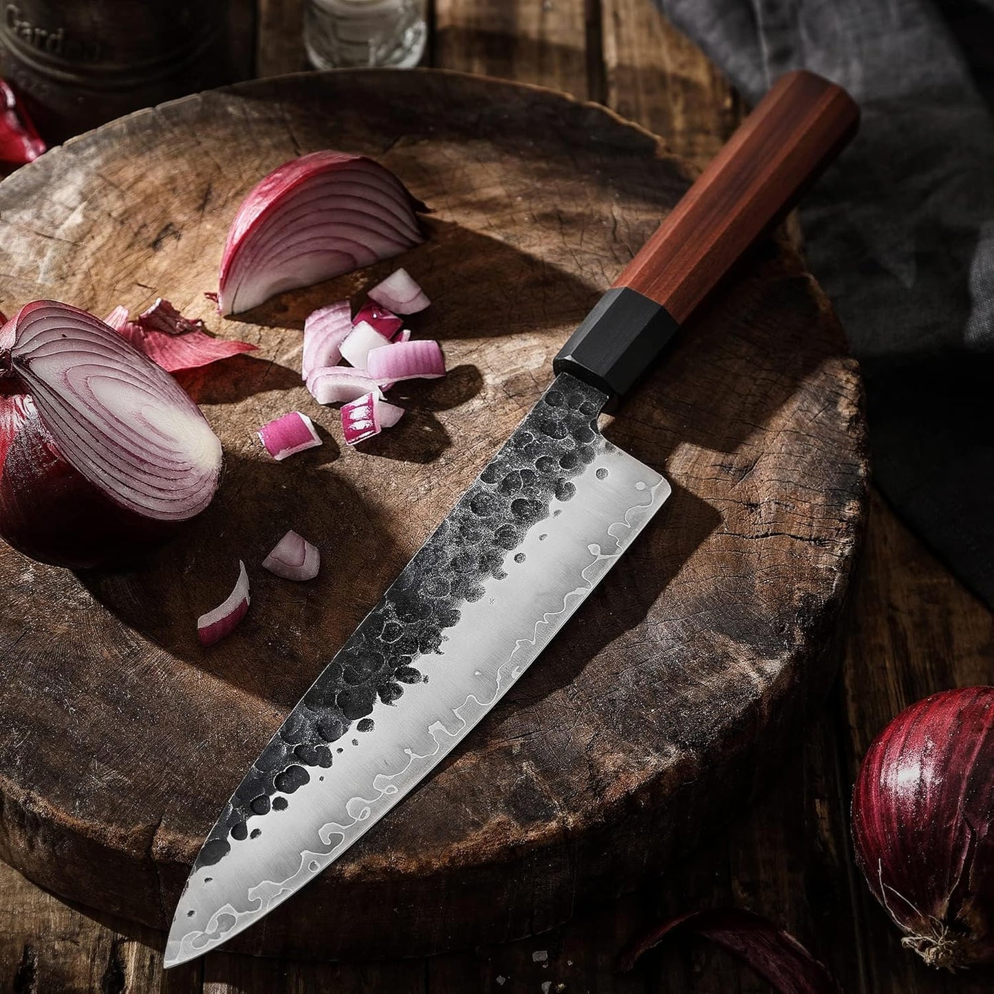 8 Inch Chef Knife Japanese Kitchen Knife Sharp, Gyuto Chefs Knife Carbon Steel 3-Layered 9CR18MOV, Rosewood Handle Gift Box