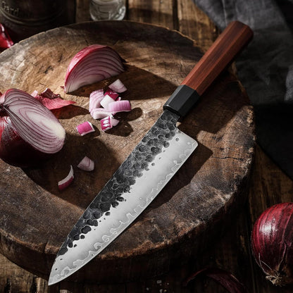 8 Inch Chef Knife Japanese Kitchen Knife Sharp, Gyuto Chefs Knife Carbon Steel 3-Layered 9CR18MOV, Rosewood Handle Gift Box