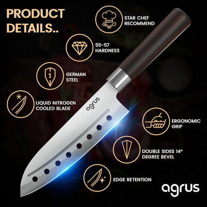 Santoku Knife - Santoku Chef Knife with Plastic Grip - 7 Inch Japanese Santoku Knife - Versatile Knife for Chopping, Slicing, Mincing - Steel Blade with Holes - Cuts Meat, Fish, Vegetables
