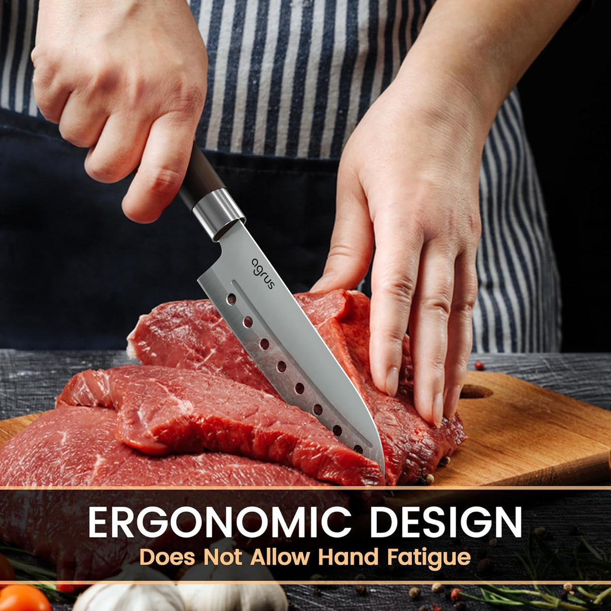 Santoku Knife - Santoku Chef Knife with Plastic Grip - 7 Inch Japanese Santoku Knife - Versatile Knife for Chopping, Slicing, Mincing - Steel Blade with Holes - Cuts Meat, Fish, Vegetables