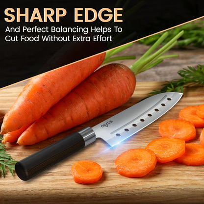 Santoku Knife - Santoku Chef Knife with Plastic Grip - 7 Inch Japanese Santoku Knife - Versatile Knife for Chopping, Slicing, Mincing - Steel Blade with Holes - Cuts Meat, Fish, Vegetables