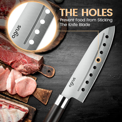 Santoku Knife - Santoku Chef Knife with Plastic Grip - 7 Inch Japanese Santoku Knife - Versatile Knife for Chopping, Slicing, Mincing - Steel Blade with Holes - Cuts Meat, Fish, Vegetables