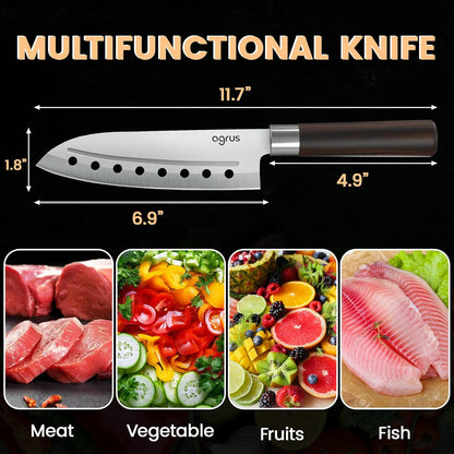 Santoku Knife - Santoku Chef Knife with Plastic Grip - 7 Inch Japanese Santoku Knife - Versatile Knife for Chopping, Slicing, Mincing - Steel Blade with Holes - Cuts Meat, Fish, Vegetables