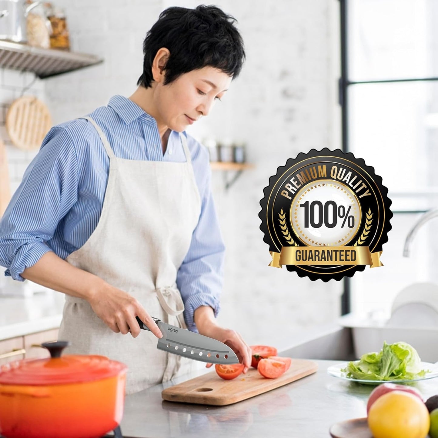 Santoku Knife - Santoku Chef Knife with Plastic Grip - 7 Inch Japanese Santoku Knife - Versatile Knife for Chopping, Slicing, Mincing - Steel Blade with Holes - Cuts Meat, Fish, Vegetables