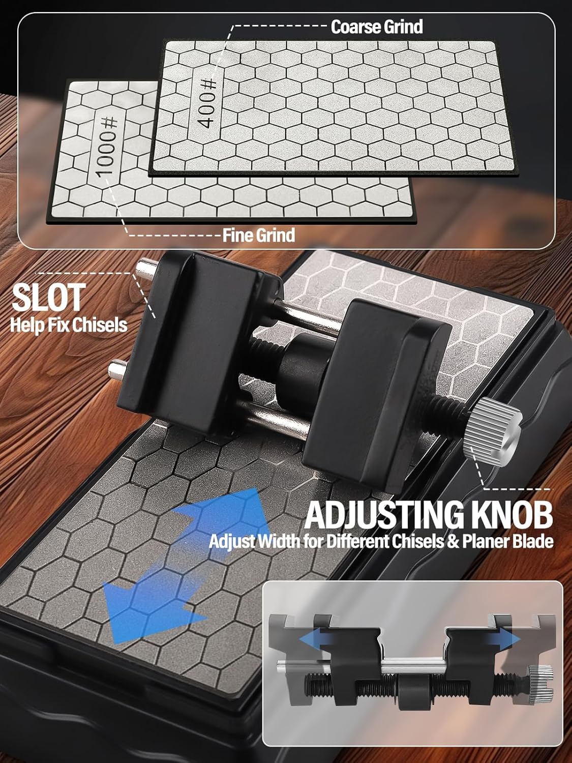 Diamond Sharpening Stones with Honing Guide, Knife Sharpener Stone with Non-Slip Base for Chisels Planes Sharpening Stone Set Fine/Coarse Diamond Sharpening Plate with Angle Guide (600/1200)