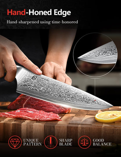 Damascus Chef Knife in Japanese Steel, 67-Layers Damascus Kitchen Knife with Wooden Gift Box and Original Olive Wood Handle, Cooking Knives for Home Kitchen Gift Idea