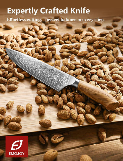 Damascus Chef Knife in Japanese Steel, 67-Layers Damascus Kitchen Knife with Wooden Gift Box and Original Olive Wood Handle, Cooking Knives for Home Kitchen Gift Idea