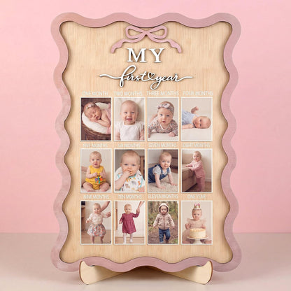 Pink Bow My First Year Photo Board Scalloped, One Year Birthday Wooden Picture Frame 12 Monthly Milestone Photo Frame 16.5 x 11.8 Baby 1st Birthday Decoration Gift for Baby Girls Keepsake Girls