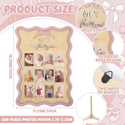 Pink Bow My First Year Photo Board Scalloped, One Year Birthday Wooden Picture Frame 12 Monthly Milestone Photo Frame 16.5 x 11.8 Baby 1st Birthday Decoration Gift for Baby Girls Keepsake Girls