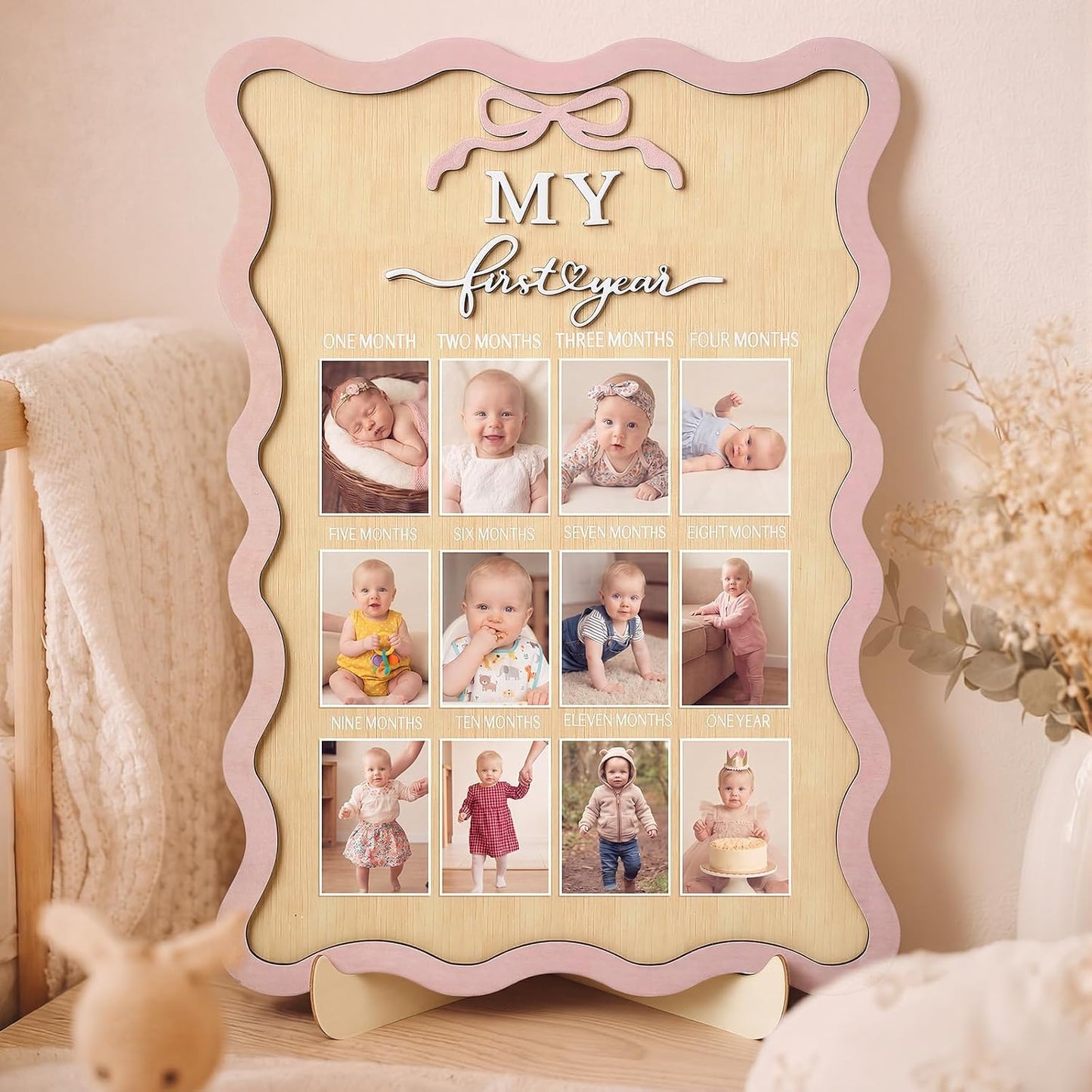 Pink Bow My First Year Photo Board Scalloped, One Year Birthday Wooden Picture Frame 12 Monthly Milestone Photo Frame 16.5 x 11.8 Baby 1st Birthday Decoration Gift for Baby Girls Keepsake Girls