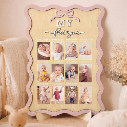 Pink Bow My First Year Photo Board Scalloped, One Year Birthday Wooden Picture Frame 12 Monthly Milestone Photo Frame 16.5 x 11.8 Baby 1st Birthday Decoration Gift for Baby Girls Keepsake Girls