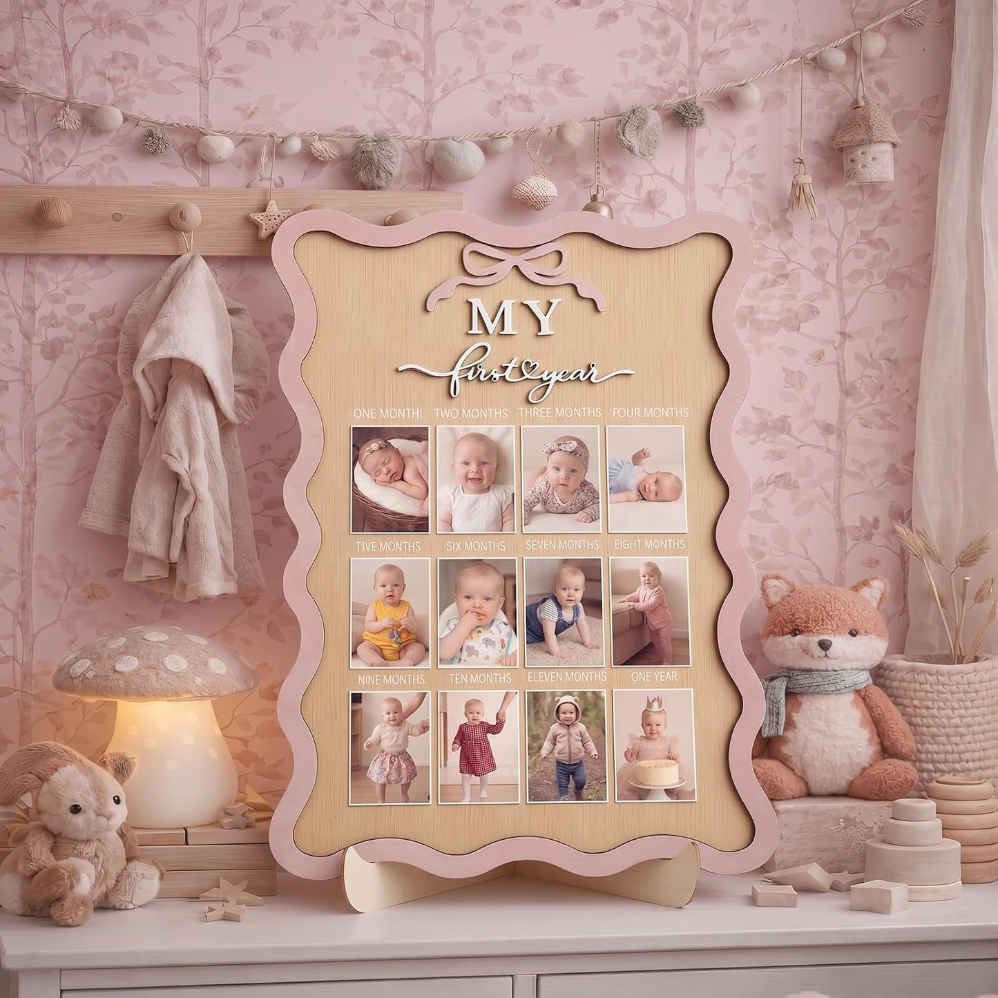 Pink Bow My First Year Photo Board Scalloped, One Year Birthday Wooden Picture Frame 12 Monthly Milestone Photo Frame 16.5 x 11.8 Baby 1st Birthday Decoration Gift for Baby Girls Keepsake Girls