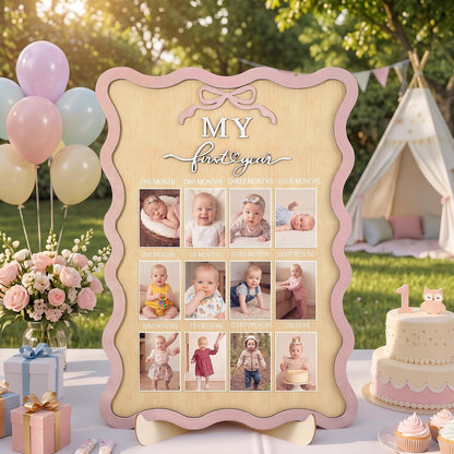 Pink Bow My First Year Photo Board Scalloped, One Year Birthday Wooden Picture Frame 12 Monthly Milestone Photo Frame 16.5 x 11.8 Baby 1st Birthday Decoration Gift for Baby Girls Keepsake Girls
