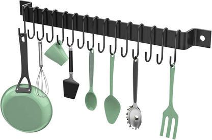 Wall Mounted Kitchen Rail Utensil Rack Hanger with 15 Hooks | Heavy Duty Iron, Rust Resistant, Easy Install