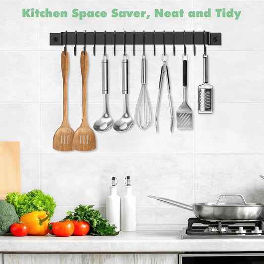 Wall Mounted Kitchen Rail Utensil Rack Hanger with 15 Hooks | Heavy Duty Iron, Rust Resistant, Easy Install