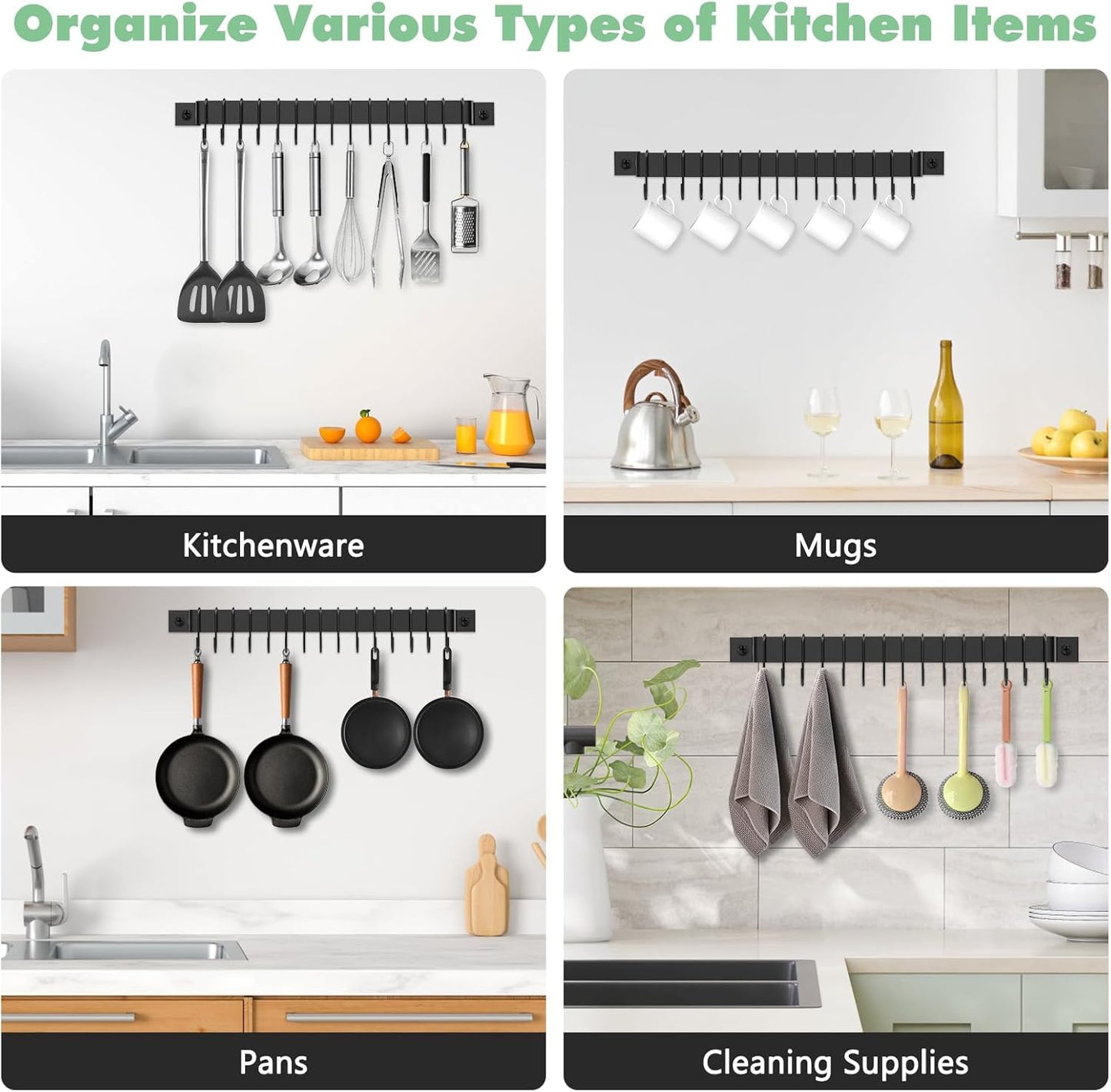Wall Mounted Kitchen Rail Utensil Rack Hanger with 15 Hooks | Heavy Duty Iron, Rust Resistant, Easy Install