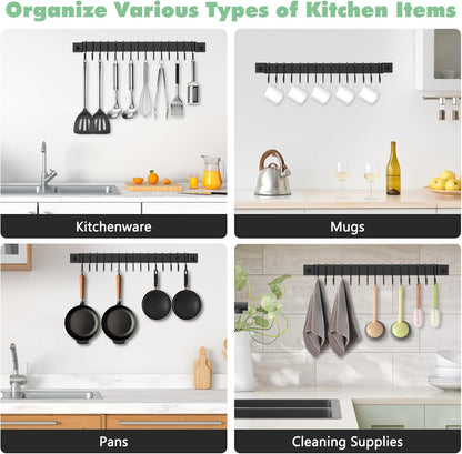 Wall Mounted Kitchen Rail Utensil Rack Hanger with 15 Hooks | Heavy Duty Iron, Rust Resistant, Easy Install