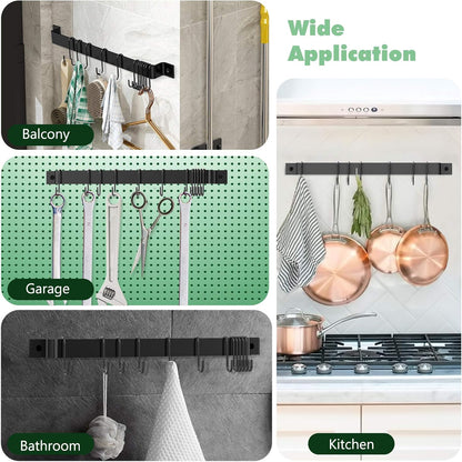 Wall Mounted Kitchen Rail Utensil Rack Hanger with 15 Hooks | Heavy Duty Iron, Rust Resistant, Easy Install