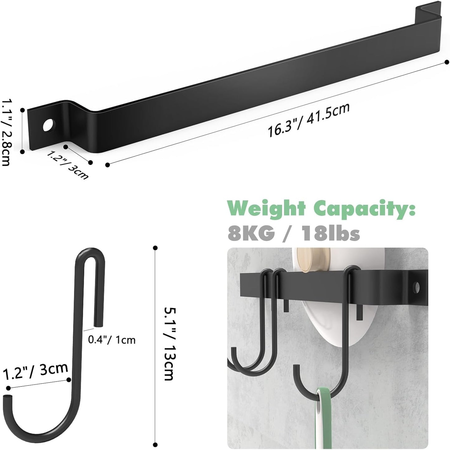 Wall Mounted Kitchen Rail Utensil Rack Hanger with 15 Hooks | Heavy Duty Iron, Rust Resistant, Easy Install