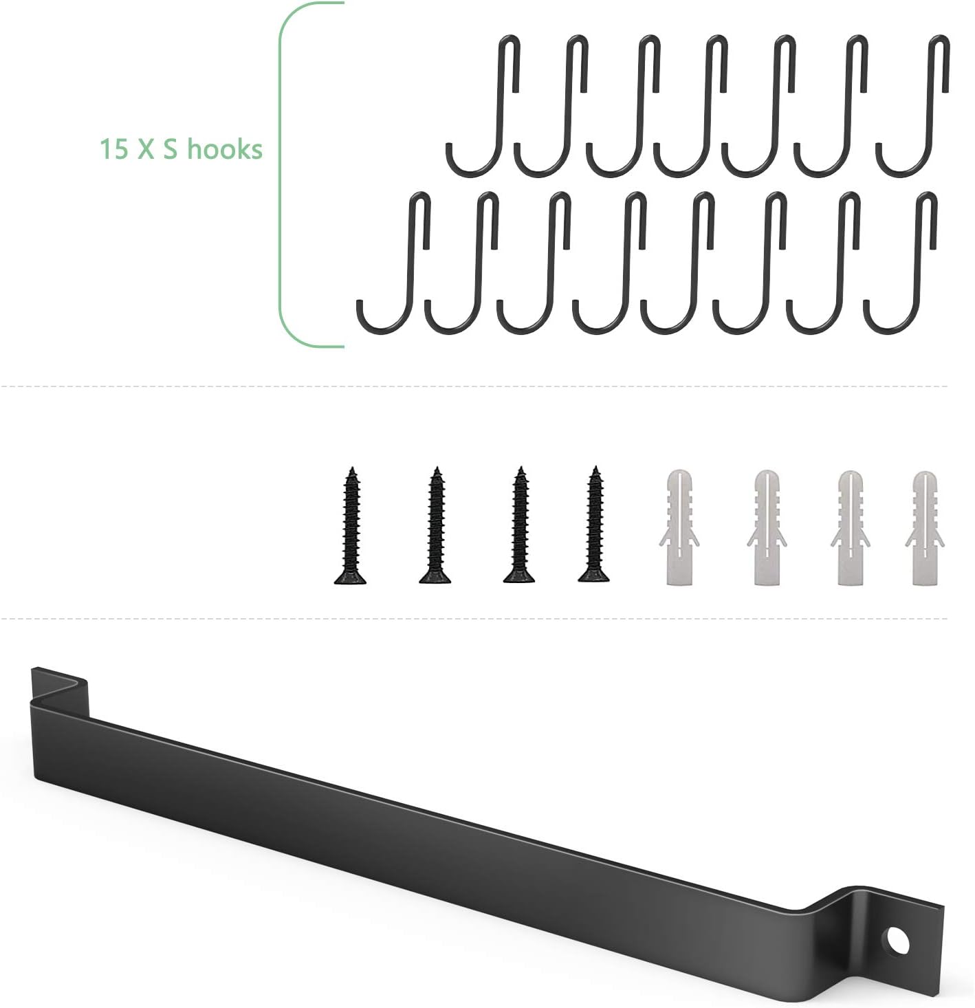 Wall Mounted Kitchen Rail Utensil Rack Hanger with 15 Hooks | Heavy Duty Iron, Rust Resistant, Easy Install