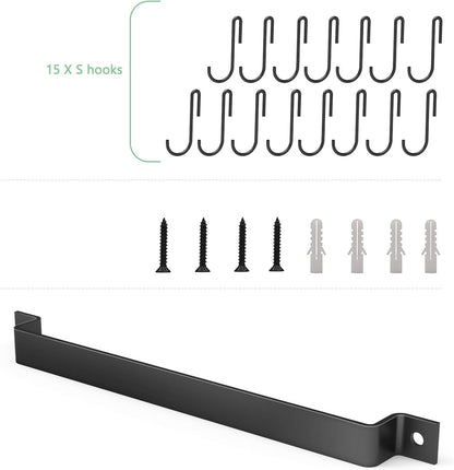 Wall Mounted Kitchen Rail Utensil Rack Hanger with 15 Hooks | Heavy Duty Iron, Rust Resistant, Easy Install