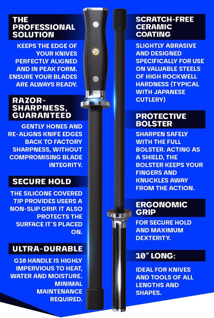 Honing Rod - 10 inch - G10 Handle - Stainless Steel Core - Scratch-Free Ceramic Coating - Kitchen Knife Sharpener Chef Knife Polish - Professional Honing Steel - Sharpening Rod