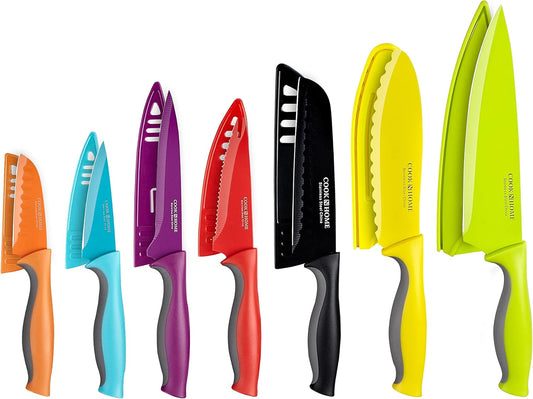 Basics Cutlery Kitchen Knife Set, Coated Carbon Stainless Steel Knife Set with Sheaths, Non-stick Sharp Blades, Multicolor, 14-Piece with Ergonomic Handles