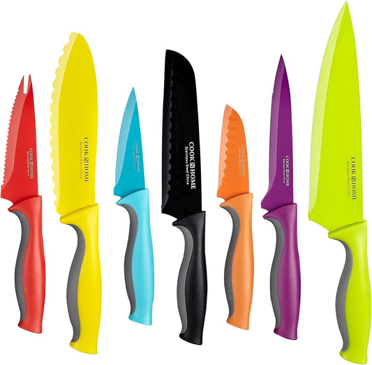 Basics Cutlery Kitchen Knife Set, Coated Carbon Stainless Steel Knife Set with Sheaths, Non-stick Sharp Blades, Multicolor, 14-Piece with Ergonomic Handles