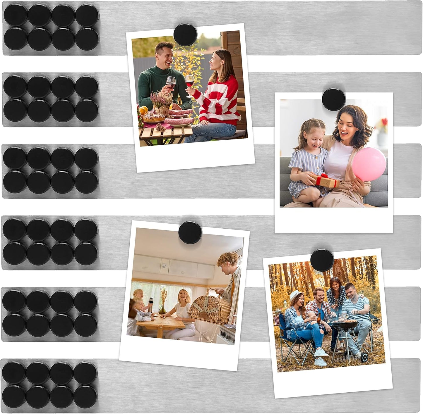 Magnetic Strip with Adhesive Backing, 2"x15" Stainless Steel Strips Bulletin Bar Board, Metal Magnetic Strips for Wall with 48 Pcs Magnets for Home, Office, School Use - 6 Pcs