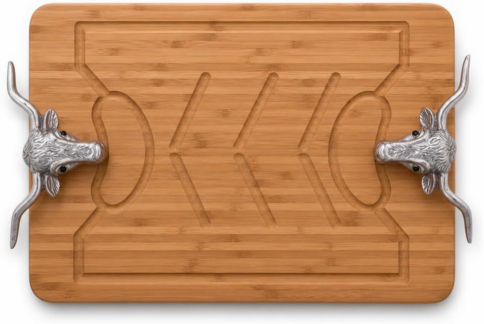 Longhorn Carving Board - Bamboo Wood with Aluminum Handle - Perfect for Serving Meats or Appetizers - 20 x 13 Inches