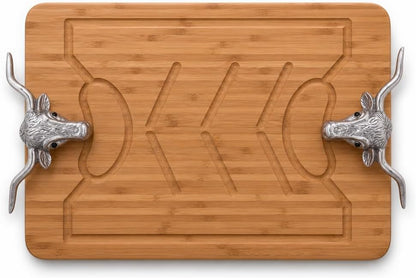 Longhorn Carving Board - Bamboo Wood with Aluminum Handle - Perfect for Serving Meats or Appetizers - 20 x 13 Inches