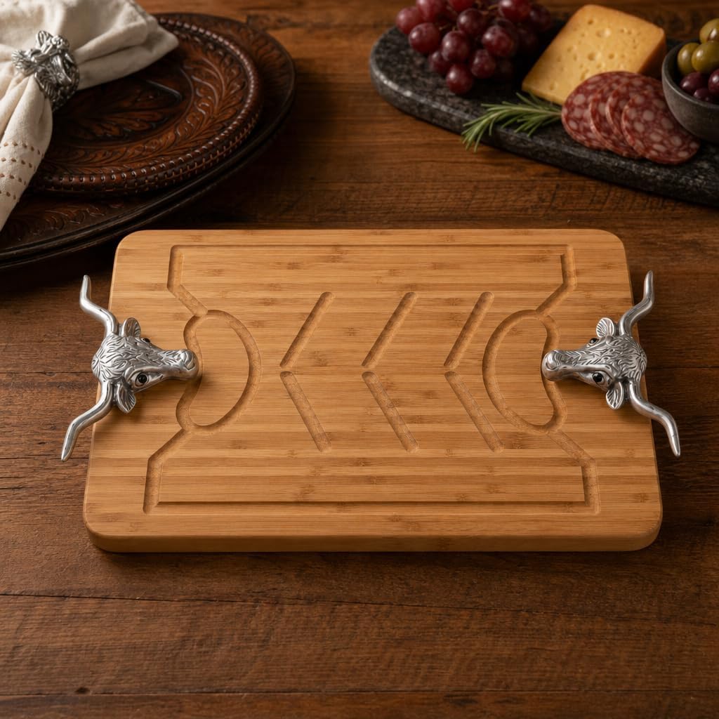 Longhorn Carving Board - Bamboo Wood with Aluminum Handle - Perfect for Serving Meats or Appetizers - 20 x 13 Inches