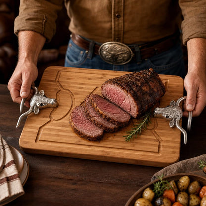 Longhorn Carving Board - Bamboo Wood with Aluminum Handle - Perfect for Serving Meats or Appetizers - 20 x 13 Inches