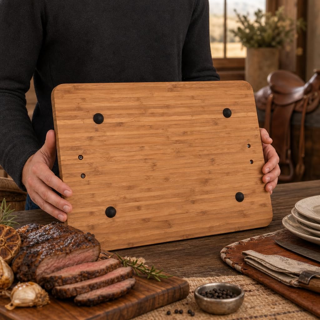Longhorn Carving Board - Bamboo Wood with Aluminum Handle - Perfect for Serving Meats or Appetizers - 20 x 13 Inches