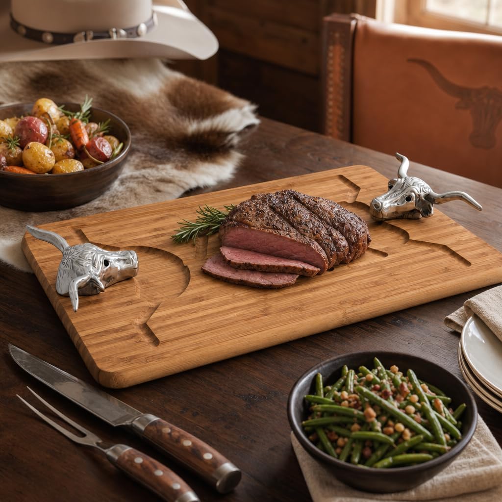 Longhorn Carving Board - Bamboo Wood with Aluminum Handle - Perfect for Serving Meats or Appetizers - 20 x 13 Inches
