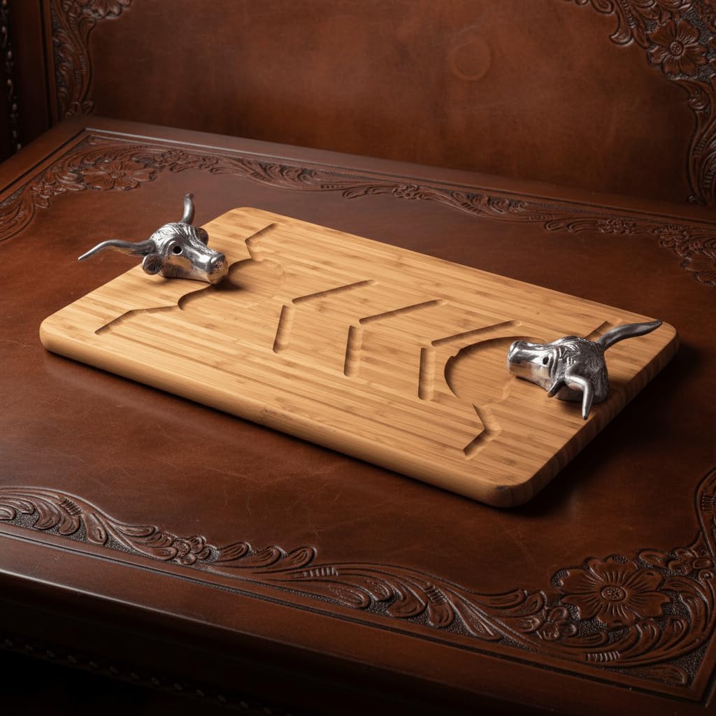 Longhorn Carving Board - Bamboo Wood with Aluminum Handle - Perfect for Serving Meats or Appetizers - 20 x 13 Inches